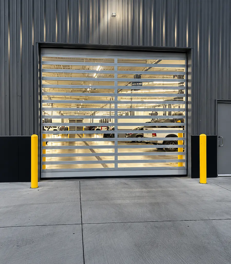 A high-speed security grille at the entrance to a commercial facility.
